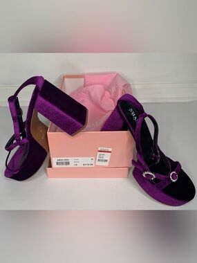 SMASH Violet Velvet Platform Heeled Sandals with Rhinestone Accent